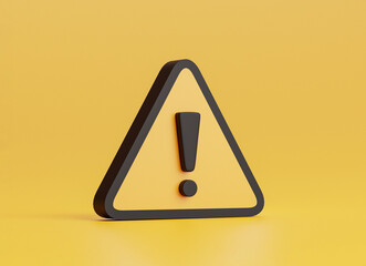 Isolate of realistic yellow triangle caution warning sing on yellow background for attention exclamation mark traffic sign by 3d render illustration. - obrazy, fototapety, plakaty