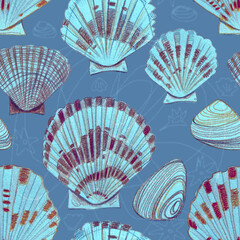  Seamless pattern composed from sea shells drawn with colored pencils on a blue background. For fabric, sketchbook, wallpaper, wrapping paper.