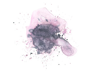 Watercolor flow blot with drops splash. Abstract texture pink and black color stain on white background.