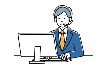 パソコンに向かって案内するオペレーターの男性のシンプルイラスト