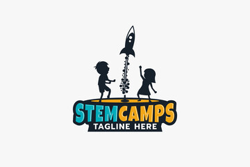 stem camps logo with kids having fun with water rocket experiment. © cahiwak