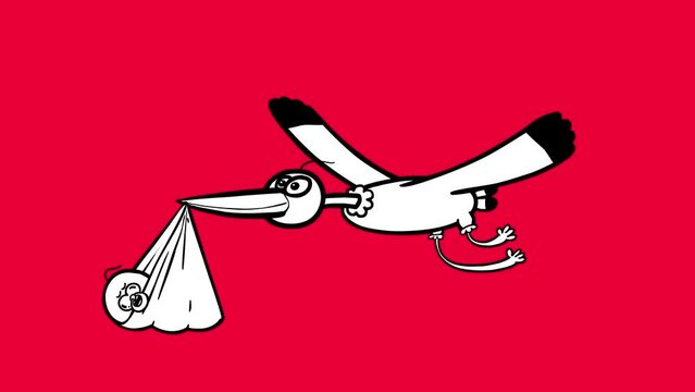 Stork cartoon animation bringing baby sleeping and sucking teat. Black and white version isolated. Seamless loop. Good for whiteboard explainer, etc...
