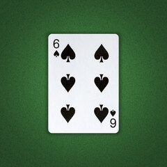 Six of Spades on a green poker background. Gamble. Playing cards.