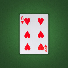 Six of Hearts on a green poker background. Gamble. Playing cards.