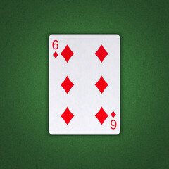 Six of Diamonds on a green poker background. Gamble. Playing cards.