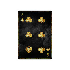 Six of Clubs, grunge card isolated on white background. Playing cards. Design element.
