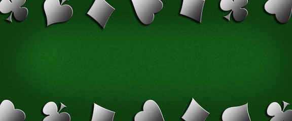 Different card suits, on a green background. Copy space. Place for text. Gambling concept. Gambling nbanner. 3d illustration.