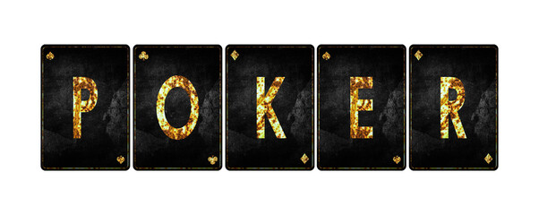 Fototapeta na wymiar Poker, word, from alphabet on vintage playing cards. Isolated on a white background. Design element. Casino. Gambling