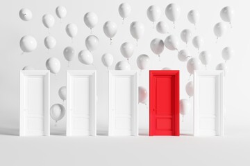Outstanding Red door among white  doors with White Balloons floating behind Open White Door background for copy space. 3D Render minimal idea concept creative. - 509368185