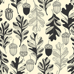 Seamless pattern with oak leaves and acorns. Hand-drawn vector illustration. Floral art background. Perfect for design templates, wallpaper, wrapping, fabric and textile. © maritime_m