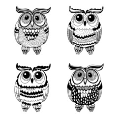Four cartoon owls. Isolated characters on white. Vector. Perfect for design templates, wallpaper, wrapping, fabric and textile. Perfect for nursery .