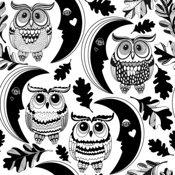 Cartoon seamless pattern with owls, moon and oak leaves. Vector illustration on white. Black and white. Perfect for design templates, wallpaper, wrapping, fabric and textile.