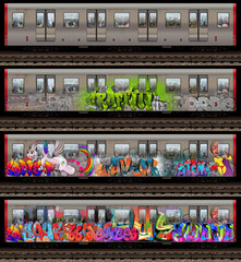 4 different subway train cars with graffiti on them - obrazy, fototapety, plakaty