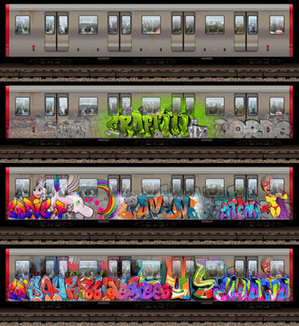 4 different subway train cars with graffiti on them