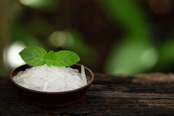 Menthol crystal and spearmint leaves on nature background.