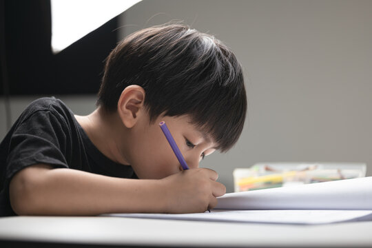 Asian boy about 5 years doing his homework, drawing and painting picture with color pencil.