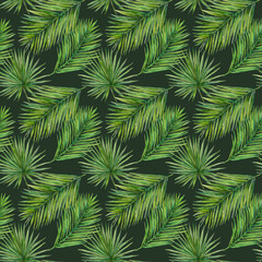 Naklejka na ściany i meble Coconut palm leaves watercolor seamless pattern