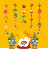 2023　卯年の年賀状デザイン　うさぎの正月飾り
