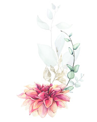Watercolor arrangement with blue, green, turquoise, violet, pink flowers, branches, leaves, gold dust graphic elements.