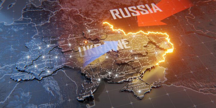 Fototapeta Military conflict between Ukraine and Russia. Concept map of war. cartography design. 3d render