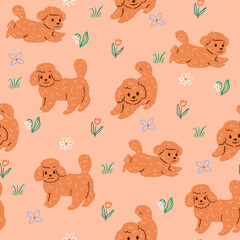 Seamless pattern with cute dogs and flowers. Vector graphics.