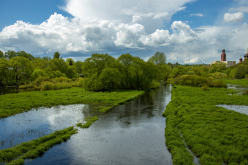 It's raining on a bright sunny day. Rural landscape with river and green grass and trees. Juicy greenery in mushroom rain