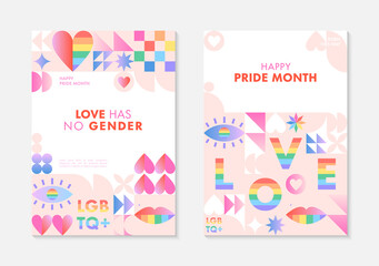 Pride month poster templates.LGBTQ+ community vector illustrations  in bauhaus style with geometric elements and rainbow lgbt symbols.Human rights movement concept.Gay parade.Colorful cover designs.