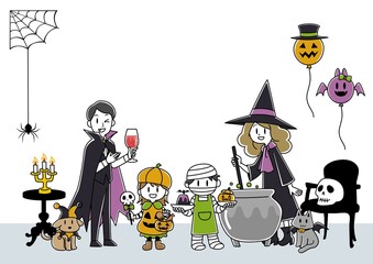 ハロウィン仮装をしてホームパーティーをする4人家族とペット（イヌ・ネコ）のイラスト