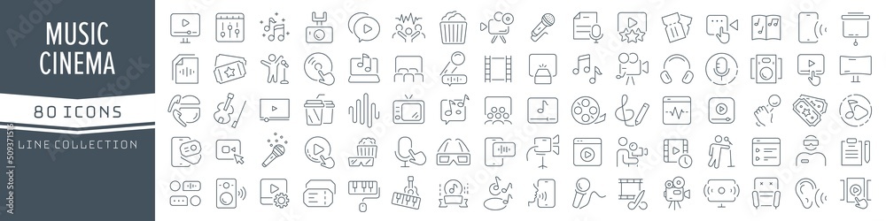 Poster music and cinema line icons collection. big ui icon set in a flat design. thin outline icons pack. v