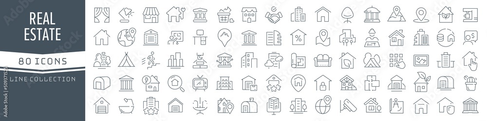 Poster real estate line icons collection. big ui icon set in a flat design. thin outline icons pack. vector