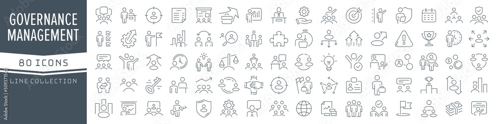 Poster management and governance line icons collection. big ui icon set in a flat design. thin outline icon