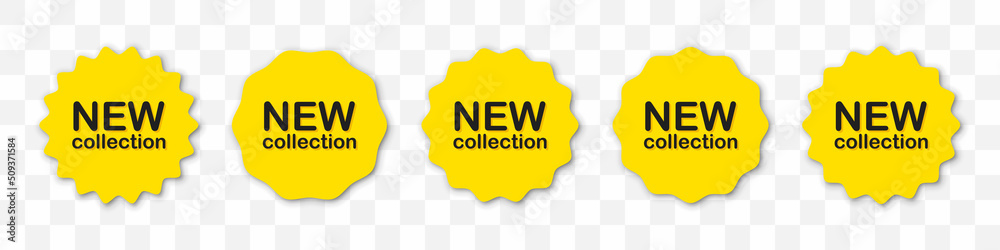 Poster new collection labels set in yellow with shadow. vector illustration