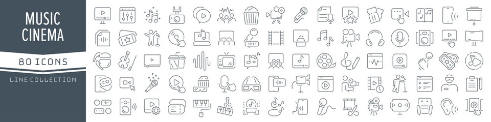 Music and cinema line icons collection. Big UI icon set in a flat design. Thin outline icons pack. Vector illustration EPS10