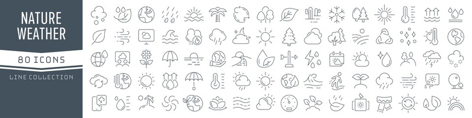 Nature and weather line icons collection. Big UI icon set in a flat design. Thin outline icons pack. Vector illustration EPS10 - obrazy, fototapety, plakaty