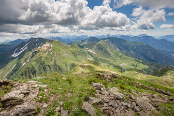 Fototapeta premium Beautiful nature. Mountain hiking Trail Road. Italy Lago Avostanis Casera Pramosio Alta