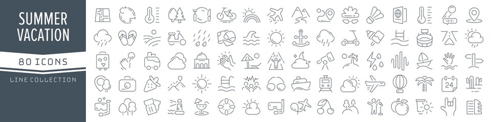 Summer vacation line icons collection. Big UI icon set in a flat design. Thin outline icons pack. Vector illustration EPS10
