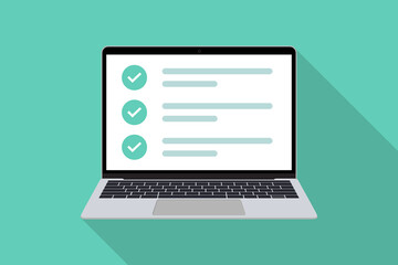 Checklist in laptop with long shadow in a flat design. Laptop screen with tick icons