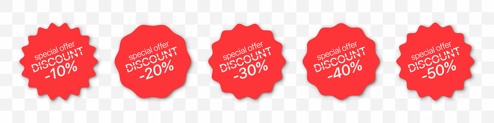 Special offer tags collection. Set of red discount labels with shadow. Sale banners with percent