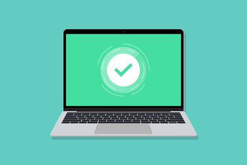 Laptop with green check in a flat design. Approved tick icon in laptop. Success operation - obrazy, fototapety, plakaty