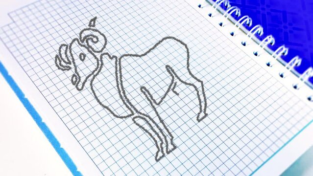 The zodiac sign Aries to the horoscope is drawn using pencil lines on a paper notebook in a cage. The zodiac sign is gradually drawn with a pencil along the contour, and then painted over.
