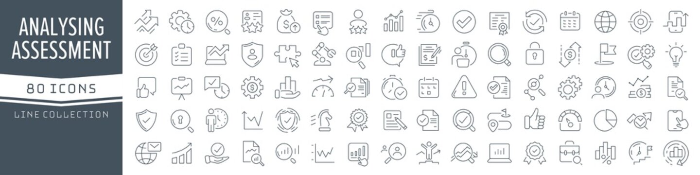 Analysis and assessment line icons collection. Big UI icon set in a flat design. Thin outline icons pack. Vector illustration EPS10