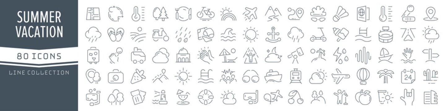 Summer vacation line icons collection. Big UI icon set in a flat design. Thin outline icons pack. Vector illustration EPS10