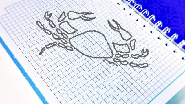 The zodiac sign Cancer to the horoscope is drawn using pencil lines on a paper notebook in a cage. The zodiac sign is gradually drawn with a pencil along the contour, and then painted over.