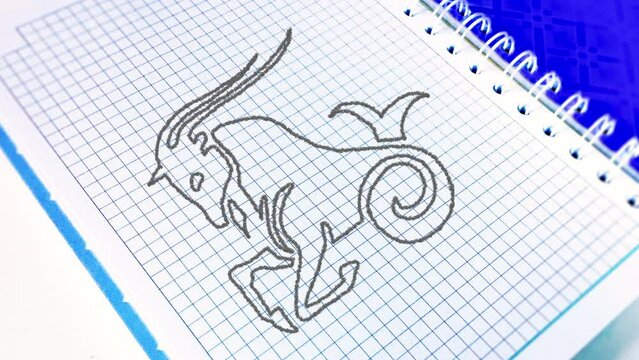 The zodiac sign Capricorn to the horoscope is drawn using pencil lines on a paper notebook in a cage. The zodiac sign is gradually drawn with a pencil along the contour, and then painted over.