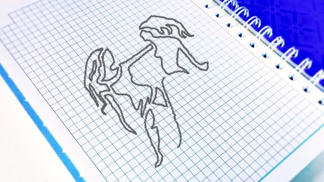 The zodiac sign Gemini to the horoscope is drawn using pencil lines on a paper notebook in a cage. The zodiac sign is gradually drawn with a pencil along the contour, and then painted over.
