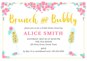 Bridal Shower invitation template. Brunch and bubbly bachelorette party background decorated with champagne glasses and roses. Vector 10 EPS.