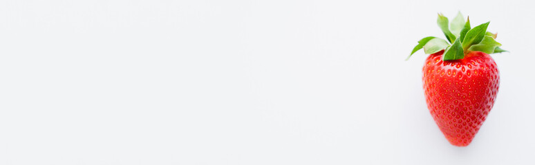 Close up view of natural strawberry on white background, banner.