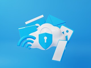 3d rendering of cloud computing with security concept isolated on blue background. 3d illustration. 