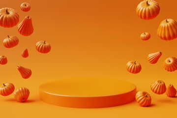 Podium with Halloween pumpkins on yellow background. 3d render