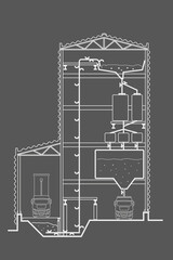 Linear architectural sketch factory section with elevator on gray background